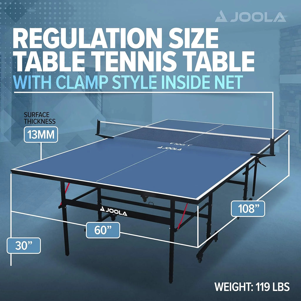 JOOLA Inside Professional MDF Indoor Ping Pong Table with Quick Clamp Table Tennis Net and Post Set - 10 Minute Easy Assembly - Tournament Quality - Foldable with Single Player Playback Mode