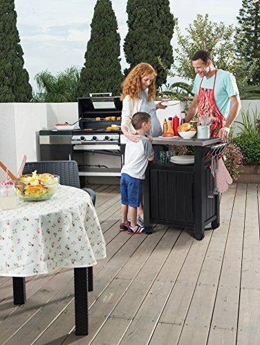 Keter Unity Portable Outdoor Table and Storage Cabinet with Hooks for Grill Accessories-Stainless Steel Top for Patio Kitchen Island or Bar Cart, Dark Grey