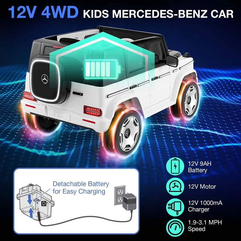 12V 4WD Kids Ride On Car, Licensed Mercedes-Benz EQG Battery Powered Electric Vehicle with Remote Control & Music