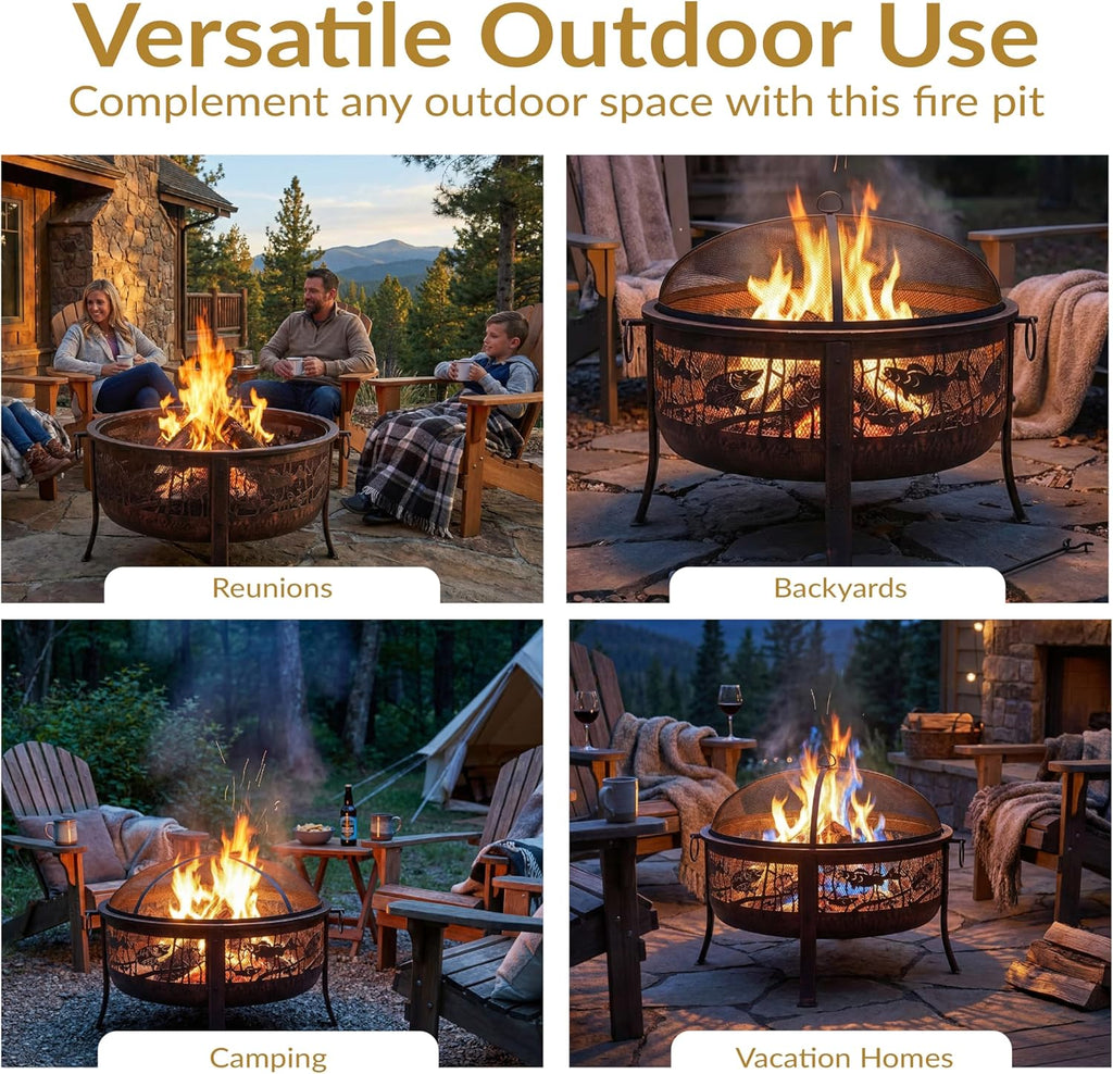 Sunnydaze 30-Inch Fire Pit with Spark Screen, Water-Resistant Cover, Metal Grate, and Fireplace Poker - Northwoods Fishing