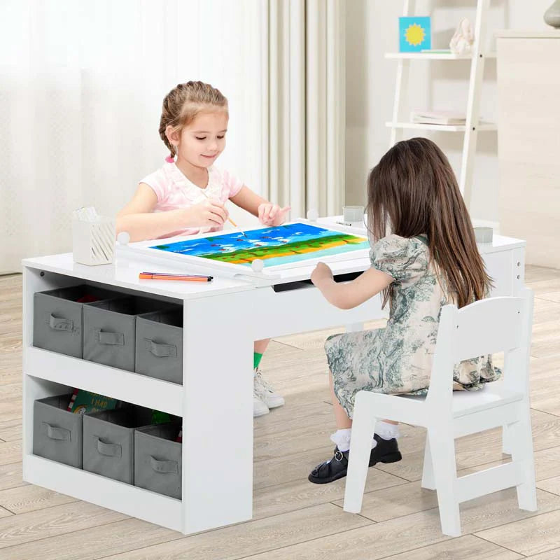 2-in-1 Kids Art Table Chair Set for Drawing Writing, Toddler Craft Play Wood Activity Desk w/2 Chairs Paper Roll Storage Canvas Bins