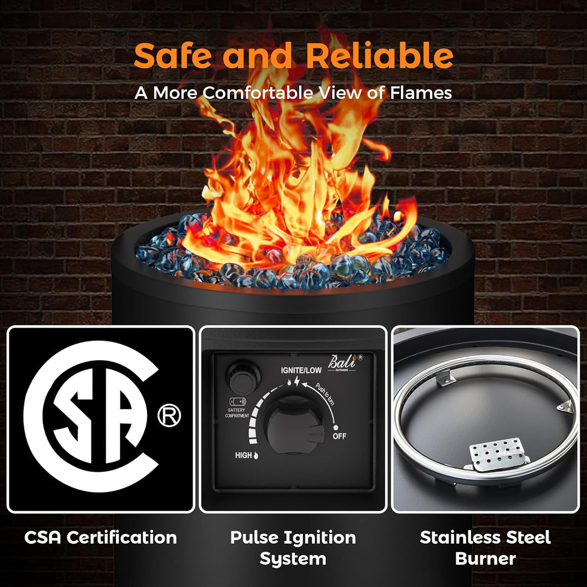 BALI OUTDOORS 50,000 BTU Propane Fire Pit Outside, 23 inch Outdoor Fire Pit Round, Black Firepits for Outside Patio, Garden, Backyard