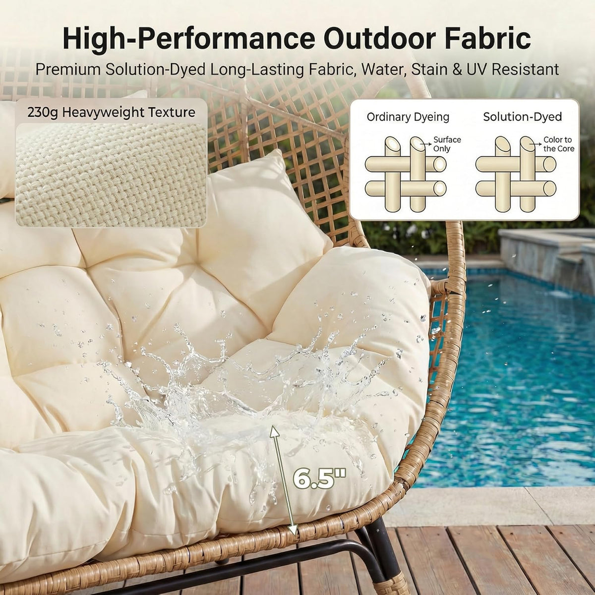 NICESOUL® Double Egg Chair Indoor Outdoor Stationary Oversized 6.5" Thick Padded Cushions 2 Person Egg Wicker Loveseat Chair 680 lbs Extra Large Lounge Chair for Patio Balcony Porch Backyard Beige