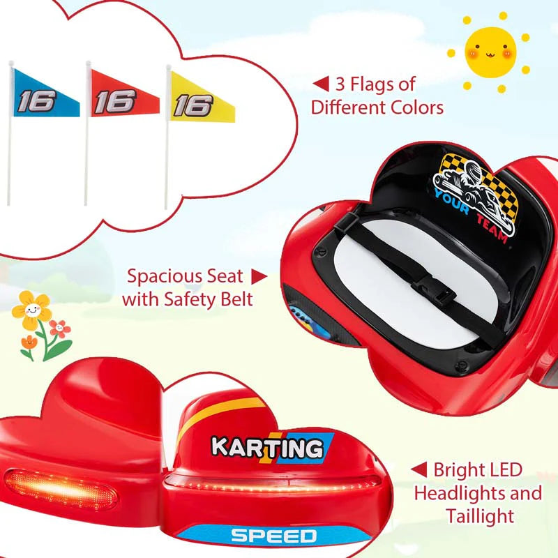 12V Electric Go Kart for Kids, Battery Powered Ride on Race Toy with Remote, LED Lights, Music, Story, Flags, Electric Pedal Kart for 3+