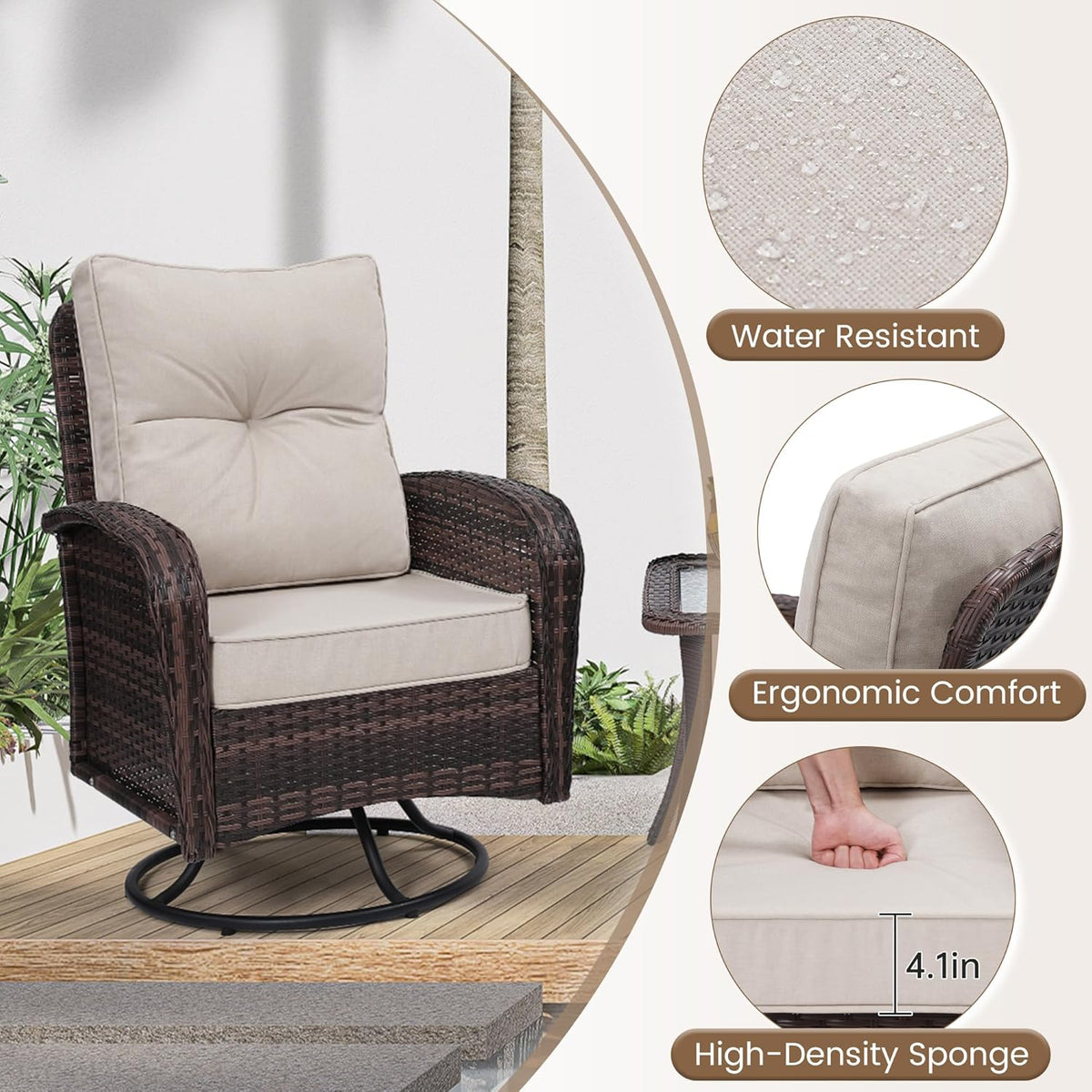 Luxury Outdoor Swivel Wicker Glider Patio Chairs with Table Set  Overstuffed Washable Cushions  Ideal for Porch  Balcony  Deck  Brown Rattan and Beige Cushion