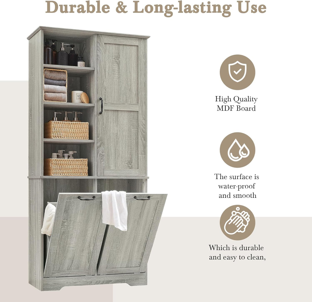 SOFTSEA 68" Double Tilt Out Laundry Hamper Cabinet, Tall Hidden Laundry Basket Cabinet with 3 Doors & Adjustable Shelf, Freestanding Bathroom Storage Cabinet for Laundry Room Kitchen, Wash Oak