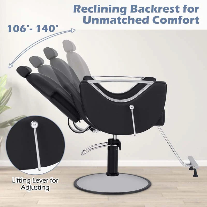 Reclining Barber Chair, 360�� Swivel Salon Chair with Heavy Duty Hydraulic Pump, Adjustable Height & Headrest for Hair Styling, Makeup, Tattoo