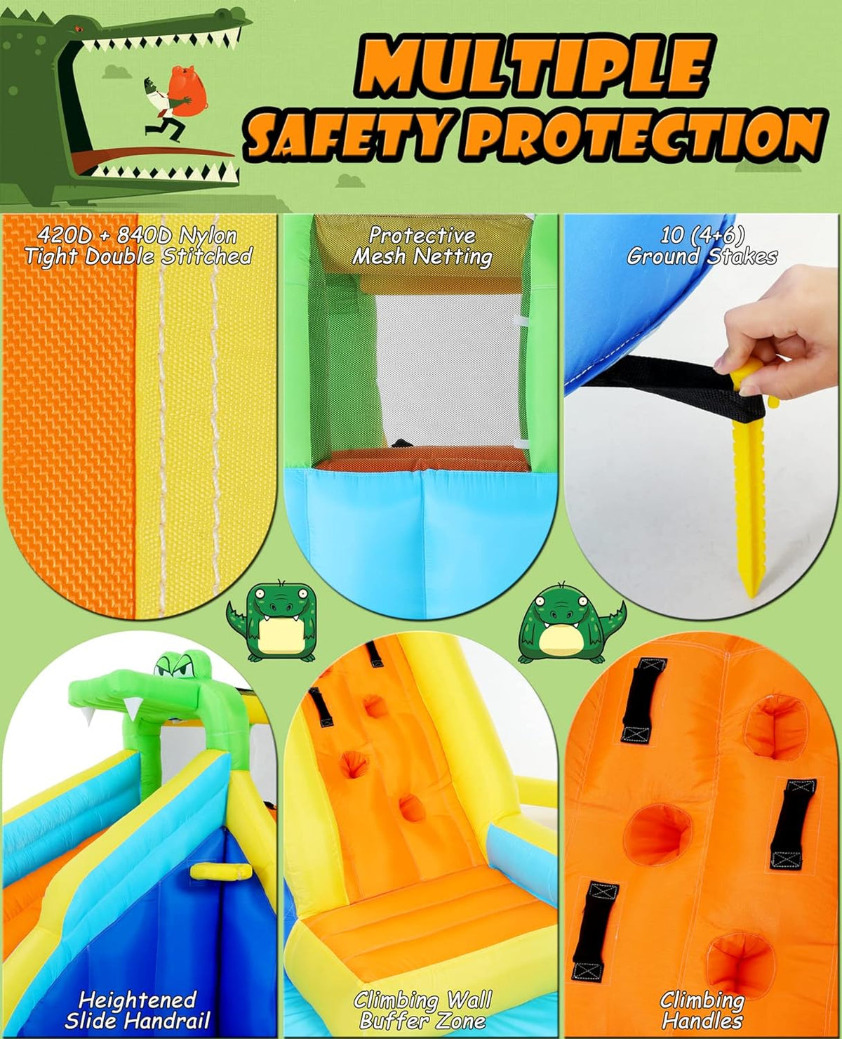 Inflatable Water Slides for Kids 8-in-1 Bounce House Water Park with 450W Blower Climbing Wall, Splash Pool, 2 Water Cannons, Basketball Hoop, Water Slide, Crocodile Sprinkler for Gift Backyard Party
