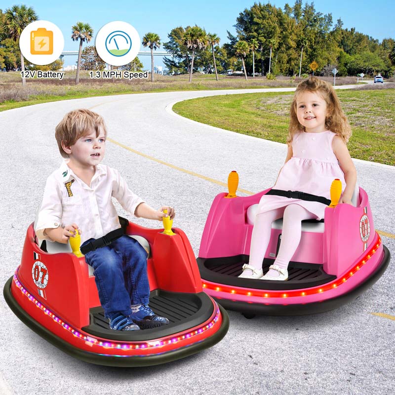 12V Toddler Bumping Car, Battery Powered Baby Ride on Bumper Car with Dual Joysticks, Flashing LED Light & 360 Degree Spin