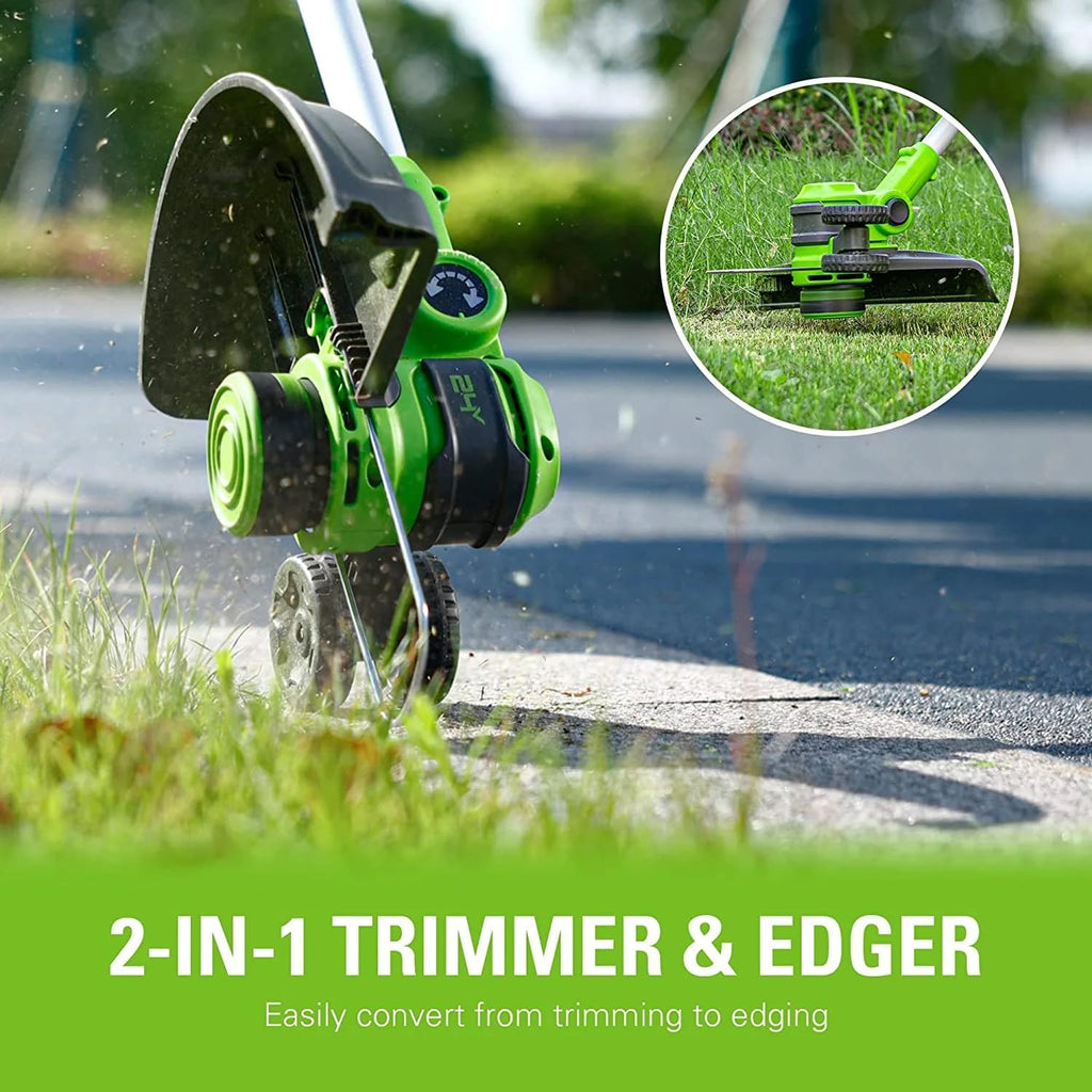 Greenworks 48V (24V x 2) 21" Cordless Battery Self-Propelled Lawn Mower w/Two (2) 5.0Ah USB Batteries & Charger 24V 12" Cordless Battery String Trimmer/Edger (Tool Only) Kit