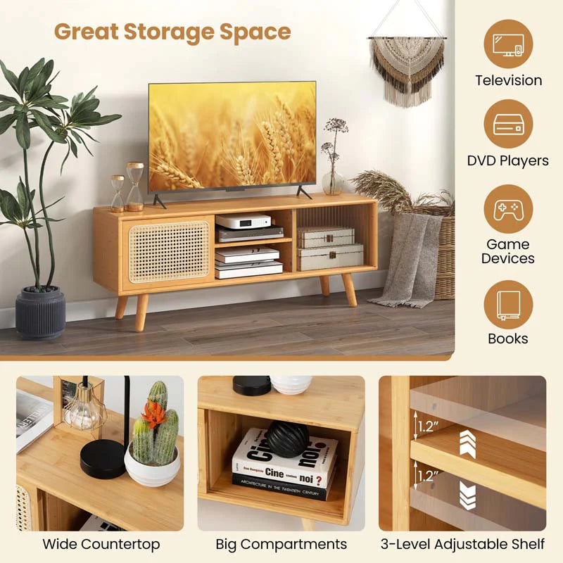 Mid Century Modern TV Stand for TVs up to 55", Bamboo Entertainment Center Media Console with Rattan & Glass Sliding Doors, Adjustable Shelf