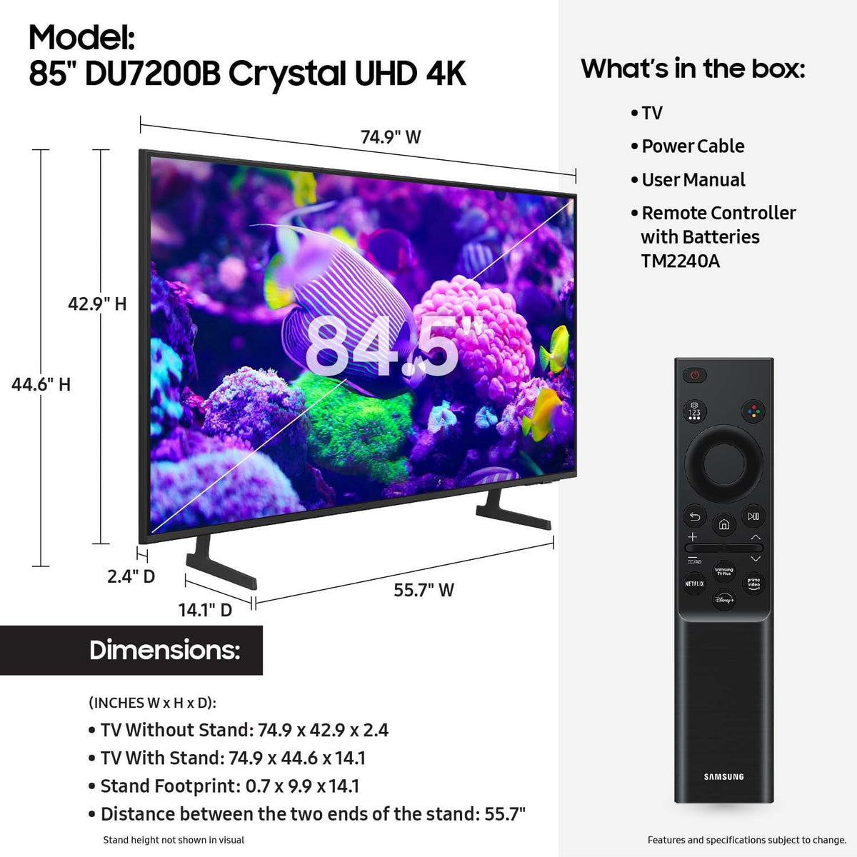 Samsung 85��� DU7200B Crystal UHD 4K Smart TV with PurColor, 4K Upscaling, HDR, Motion Xcelerator, and Tizen OS