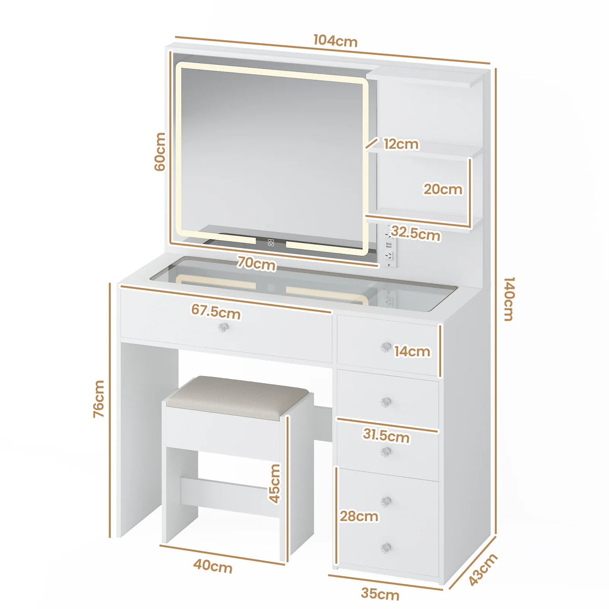 Dressing Table Stool Set Glass Tabletop