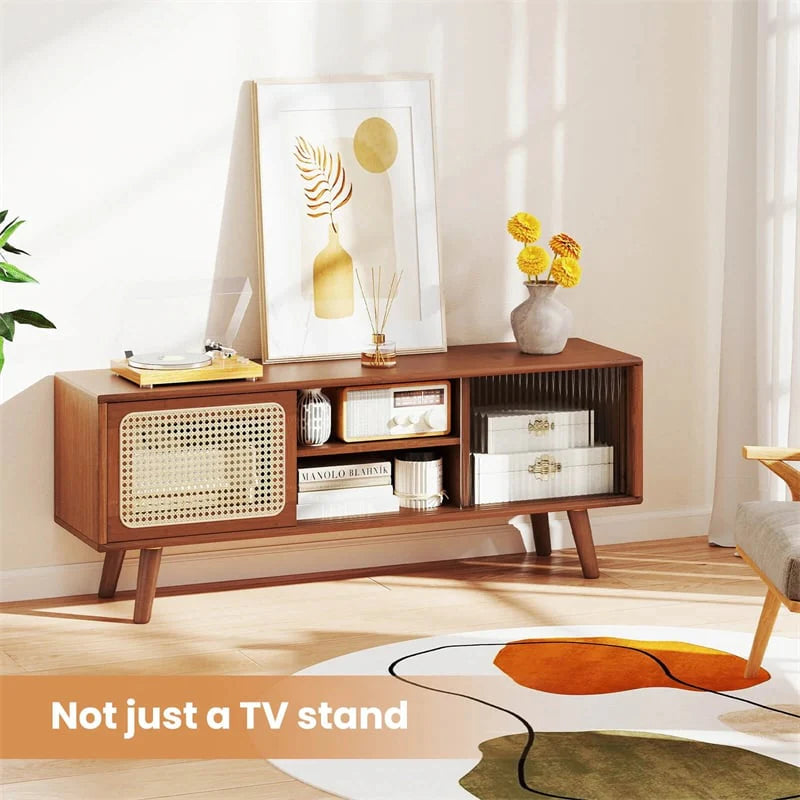 Mid Century Modern TV Stand for TVs up to 55", Bamboo Entertainment Center Media Console with Rattan & Glass Sliding Doors, Adjustable Shelf