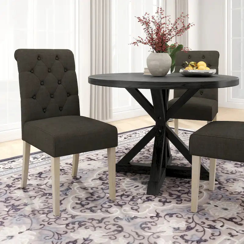 5 Piece Dining Table Set, Wooden Kitchen Furniture Set, Round Table with Cross-Buck Pedestal Base and 4 Tufted Chairs