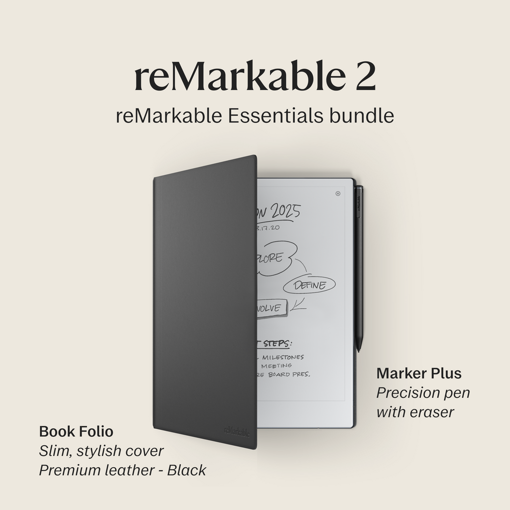 reMarkable 2 �C 10.3�� Paper Tablet with Marker Plus and Premium Leather Book Folio �C Black