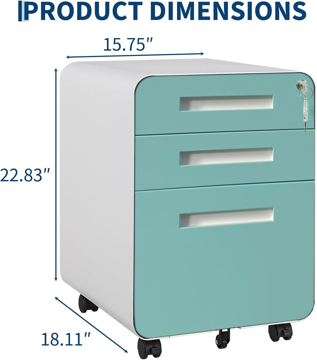 Garvee 3 Drawer File Cabinet with Lock, Under Desk Metal Mobile Filing Cabinet for Home Office, 5 Wheels Anti-Tipping Rolling File Cabinets for A4/Letter/Legal Size, Fully Assembled, Blue