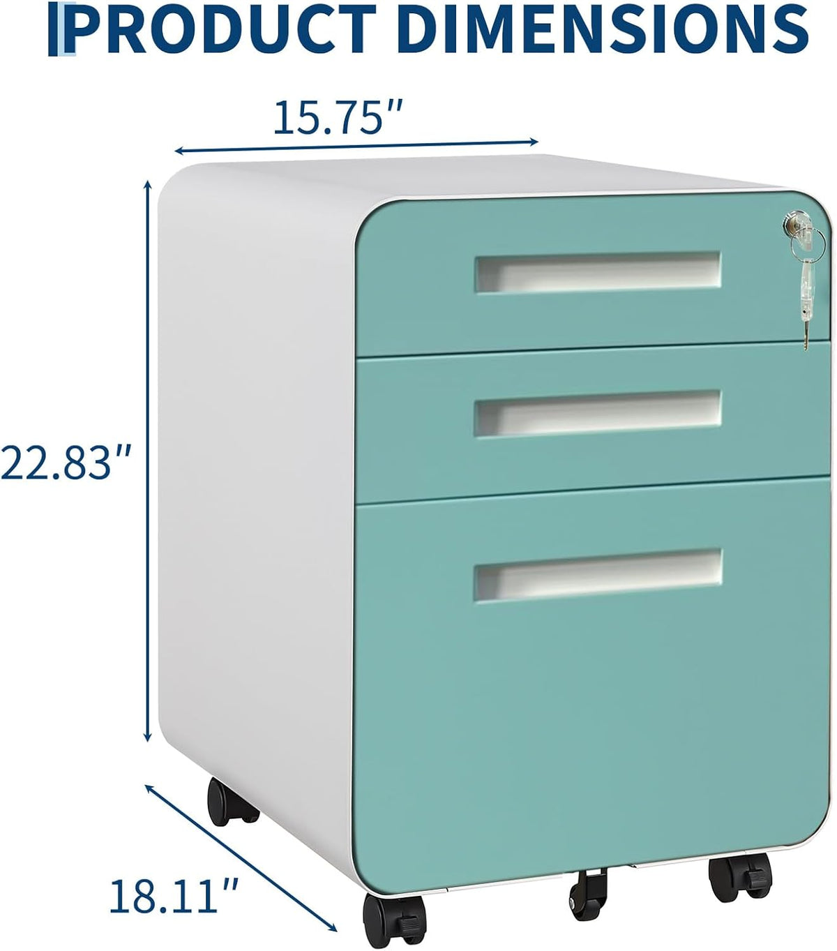 Garvee 3 Drawer File Cabinet with Lock, Under Desk Metal Mobile Filing Cabinet for Home Office, 5 Wheels Anti-Tipping Rolling File Cabinets for A4/Letter/Legal Size, Fully Assembled, Blue