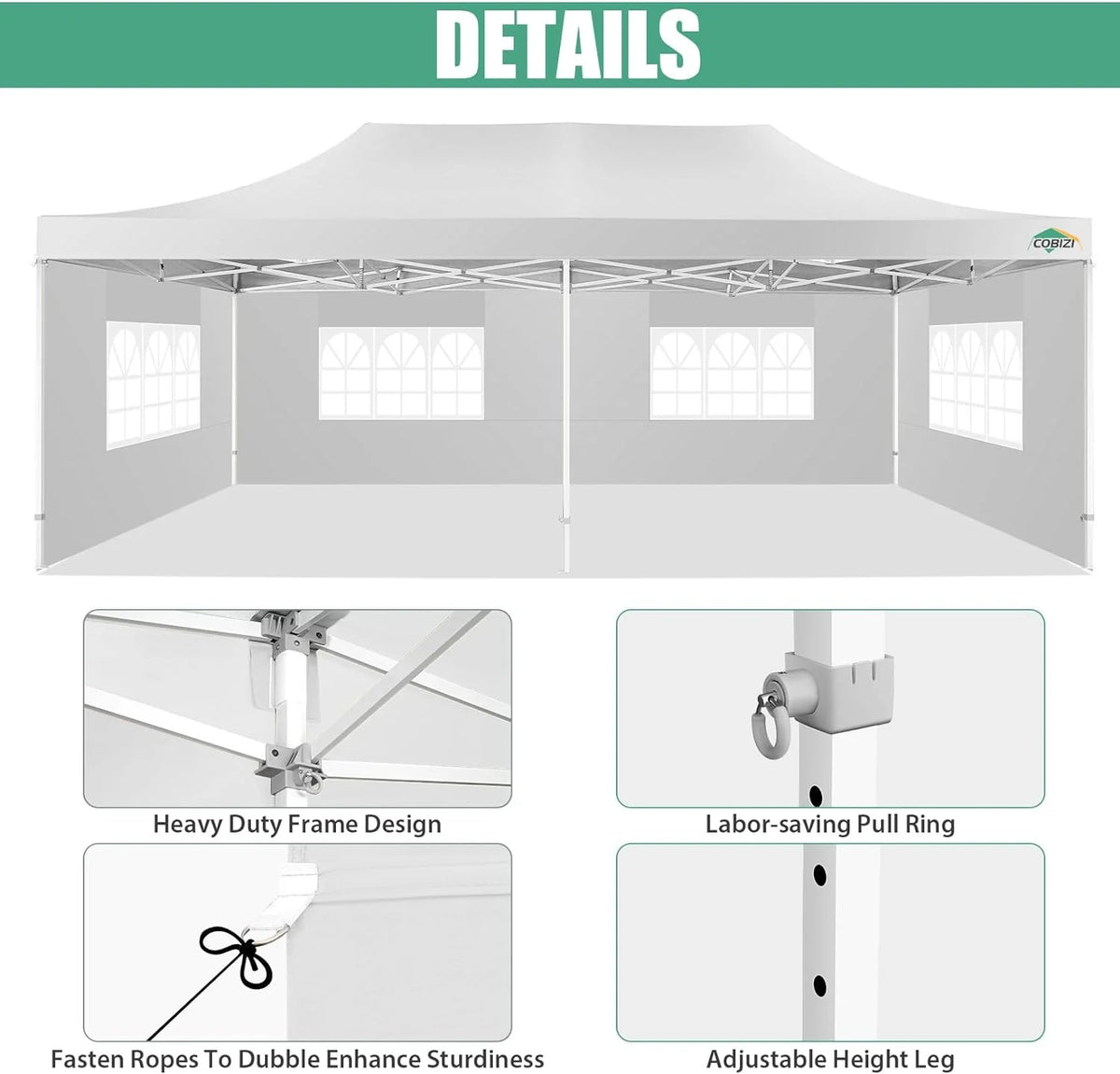 COBIZI 10x20 Heavy Duty Pop up Canopy Tent with 6 sidewalls Easy Up Commercial Outdoor Canopy Wedding Party Tents for Parties All Season Wind & Waterproof Gazebo with Roller Bag,Black(Frame Thickened)