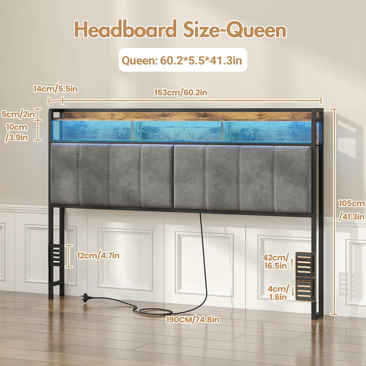 Storage Headboard Upholstered with Charging Station