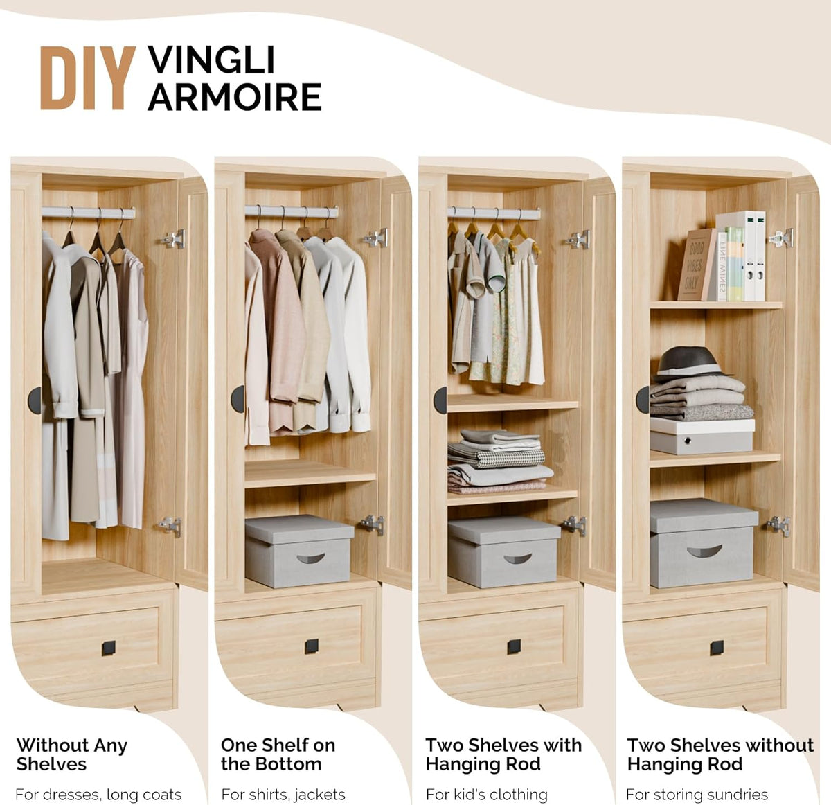 VINGLI Armoire Wardrobe Closet With Doors, Hanging Rod, Shelves and Drawer - Freestanding Cabinet for Bedroom, Dorm - Oak, 38" W x 21" D x 65" H