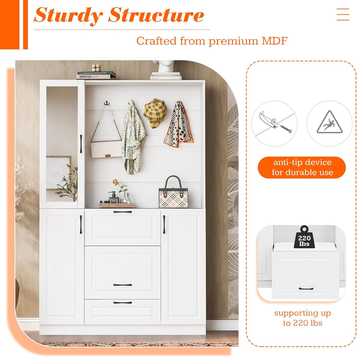 51.1''Hall Tree, Entryway Bench with Integrated Shoe Cabinet,3-in-1 Design, Mirrored Cabinet Door and Foldable Seat for Entrance, Living Room