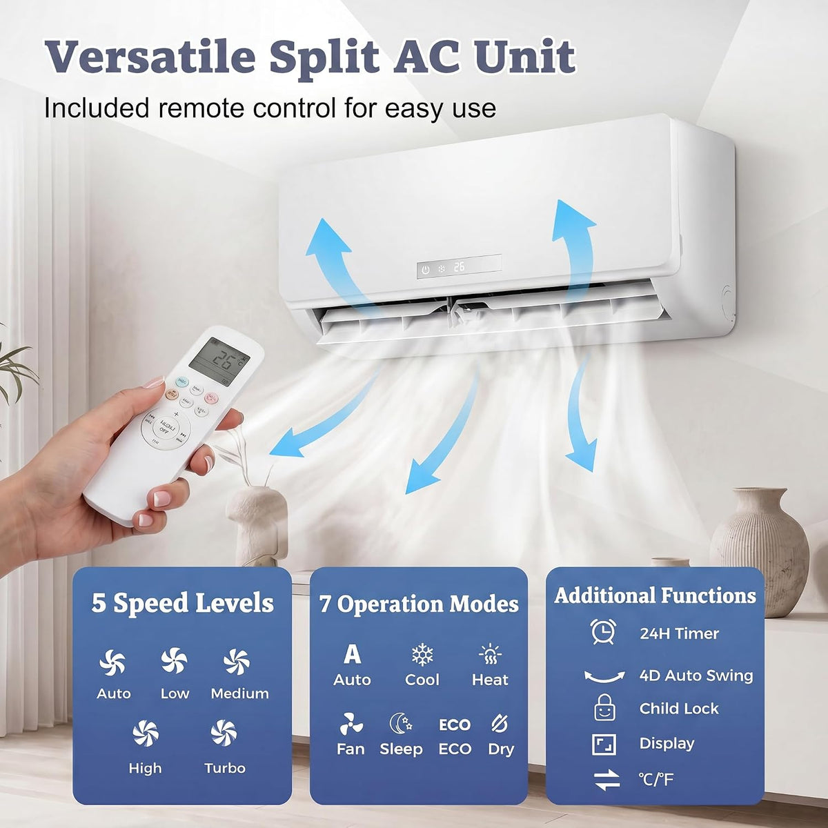 TANGZON 18000 BTU Air Conditioner Wall Split, 5 in 1 Air Conditioning Unit Heater Dehumidifier Air Purifier Fan with Heat Pump, Remote & Installation Kit, A++ Rating, Inverter, Wall AC Unit for 116㎡