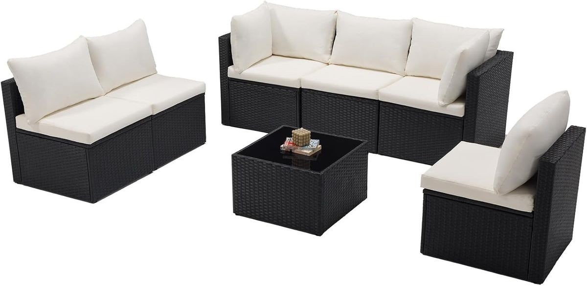 DUMOS 7 Piece Outdoor Patio Sectional Sofa, Modular Wicker Furniture Set with 2.8" Thick Cushions, Adjustable Feet, Weather-Resistant Rattan Outdoor Couch for Backyard, Deck, Garden, Poolside, Black