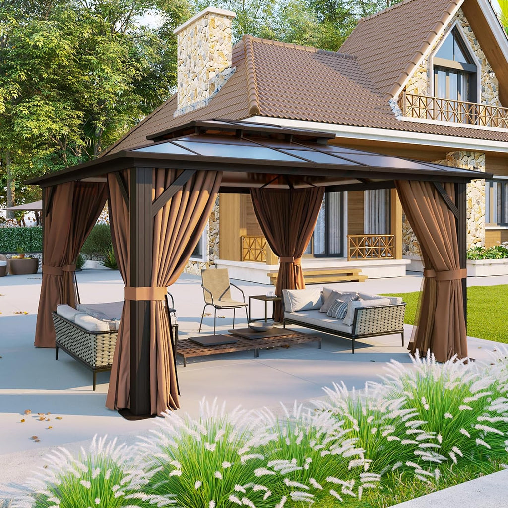 Aoxun 12'x10' Hardtop Gazebo  Aluminum Frame Permanent Pavilion with Curtains and Netting  Outdoor Polycarbonate Double Roof Canopy  Designed for Garden  Lawns  Patio  Brown