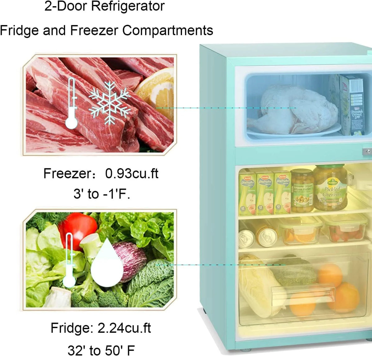 Antarctic Star Compact Mini Refrigerator Separate Freezer, Small Fridge Double 2-Door Adjustable Removable Retro Stainless Steel Shelves Living room/Kitchen/Dorm/Office 3.2 cu ft.Green