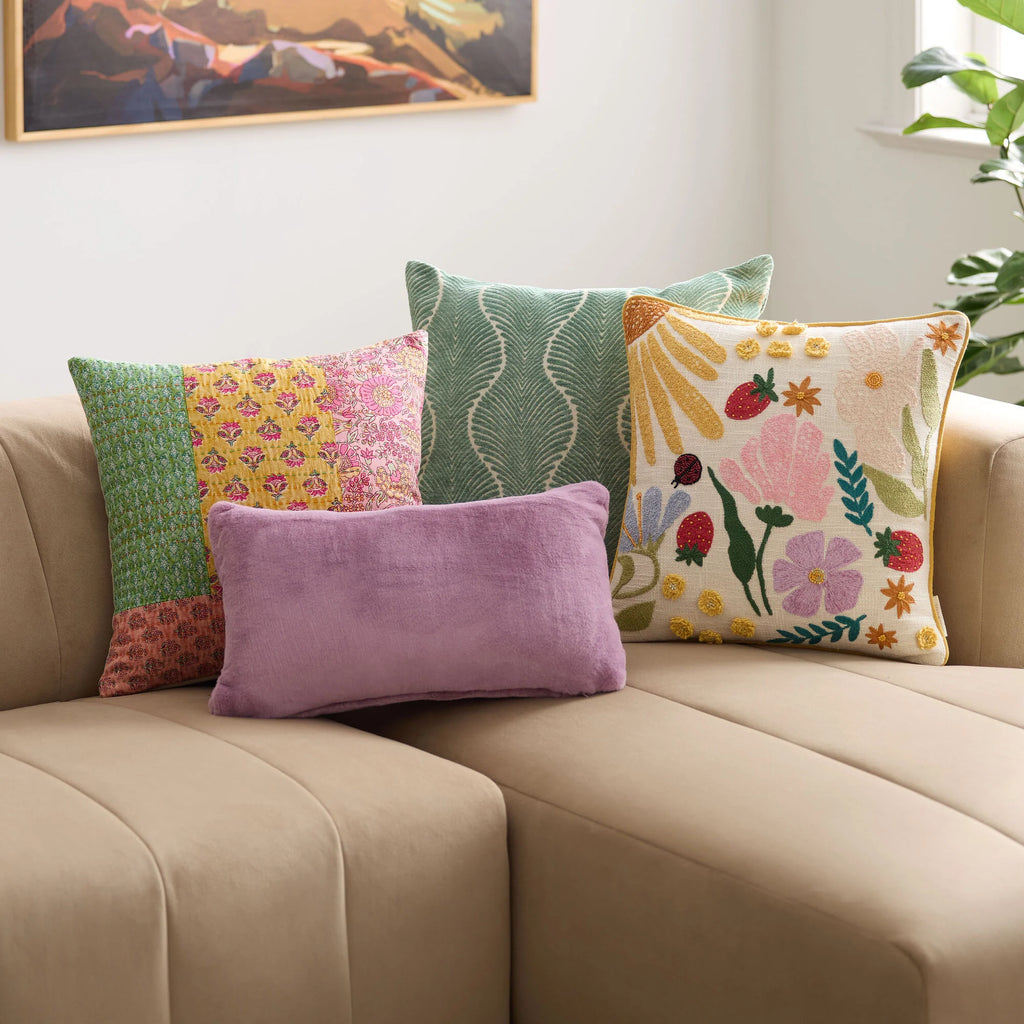 Spring Botanical Embroidered Beaded Throw Pillow
