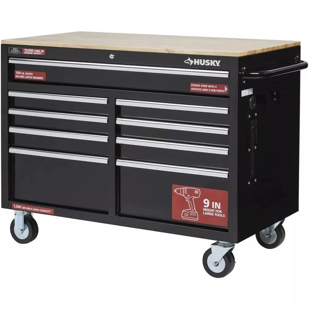 Gloss Black 46��� 9-Drawer Mobile Tool Chest Workbench with Wood Top & Power Strip