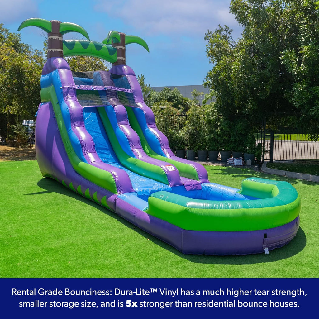 HeroKiddo 16�� Purple Tropical Lightweight Premium Commercial Grade Water Slide Inflatable with Attached Pool for Kids and Adults (with Blower), Wet Dry Use, Summer Fun