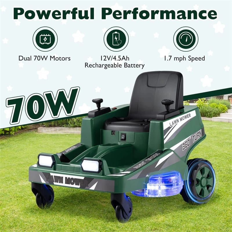 12V Kids Ride-On Lawn Mower with 360�� Twist & Turn, Dual Control Sticks, LED Lights, Toddler Electric Car Toy for Boys & Girls Aged 3-8