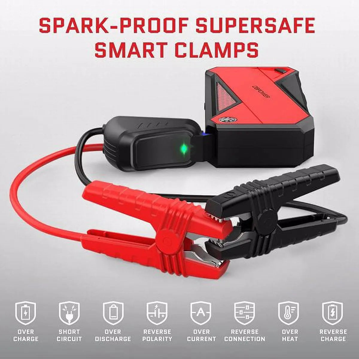Peak 1600A 18000mAh Car Battery Jump Starter, up to 7.2 Gas, 5.5L Diesel Engines, Portable Battery Booster with Smart Charging Port, LCD Display, Intelligent Jumper Clamps, DJS90, Red Black