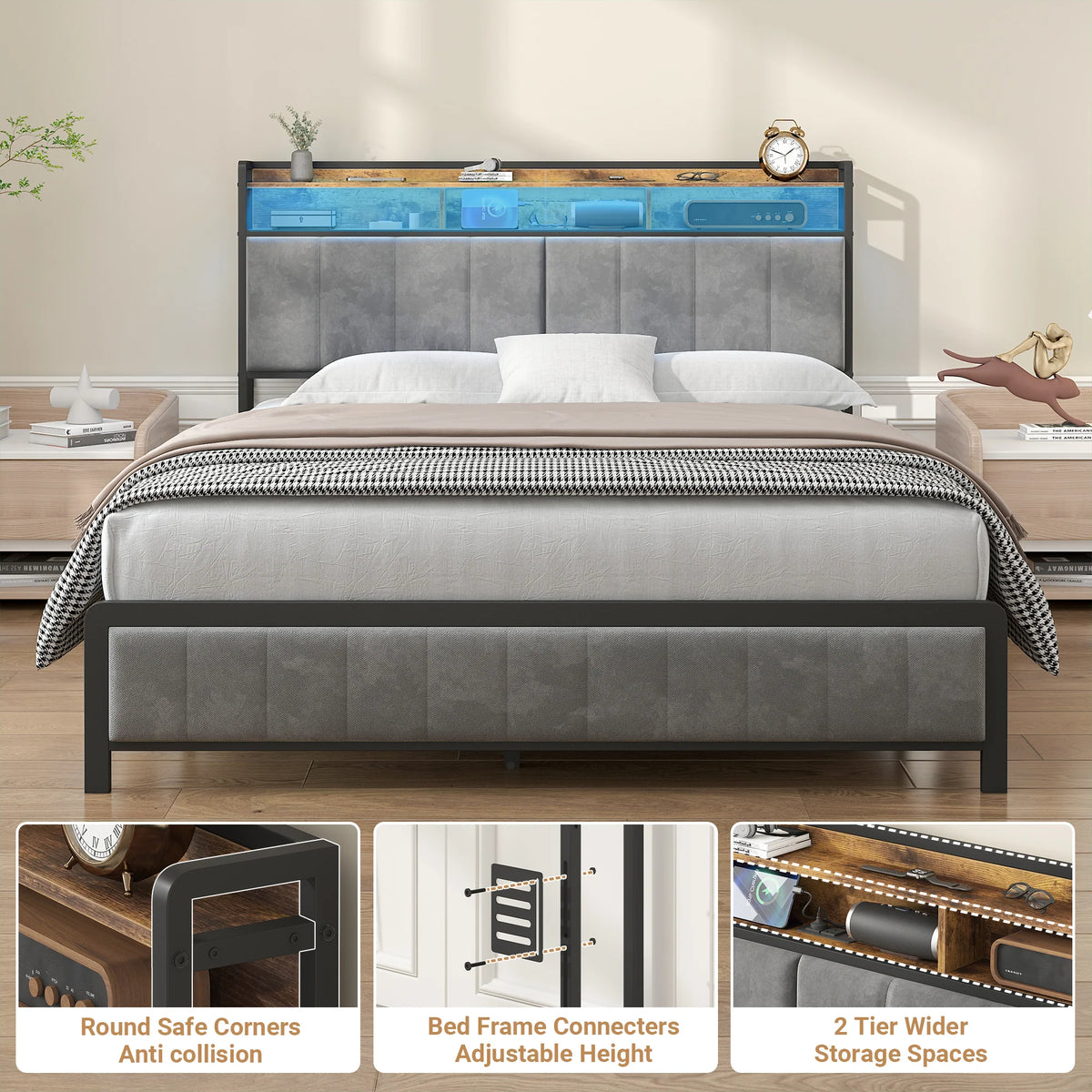 Storage Headboard Upholstered with Charging Station