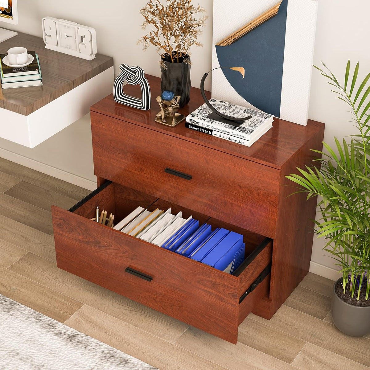 Giantex Office File Cabinet 2 Drawer - Lateral Filing Cabinet w/Anti-Toppling Device, Hanging Bars, Home Office Furniture for Hanging File Folders A4/Letter/Legal Size, File Storage Cabinet (Walnut)