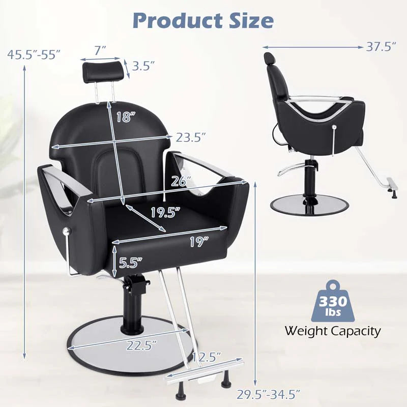 Reclining Barber Chair, 360�� Swivel Salon Chair with Heavy Duty Hydraulic Pump, Adjustable Height & Headrest for Hair Styling, Makeup, Tattoo