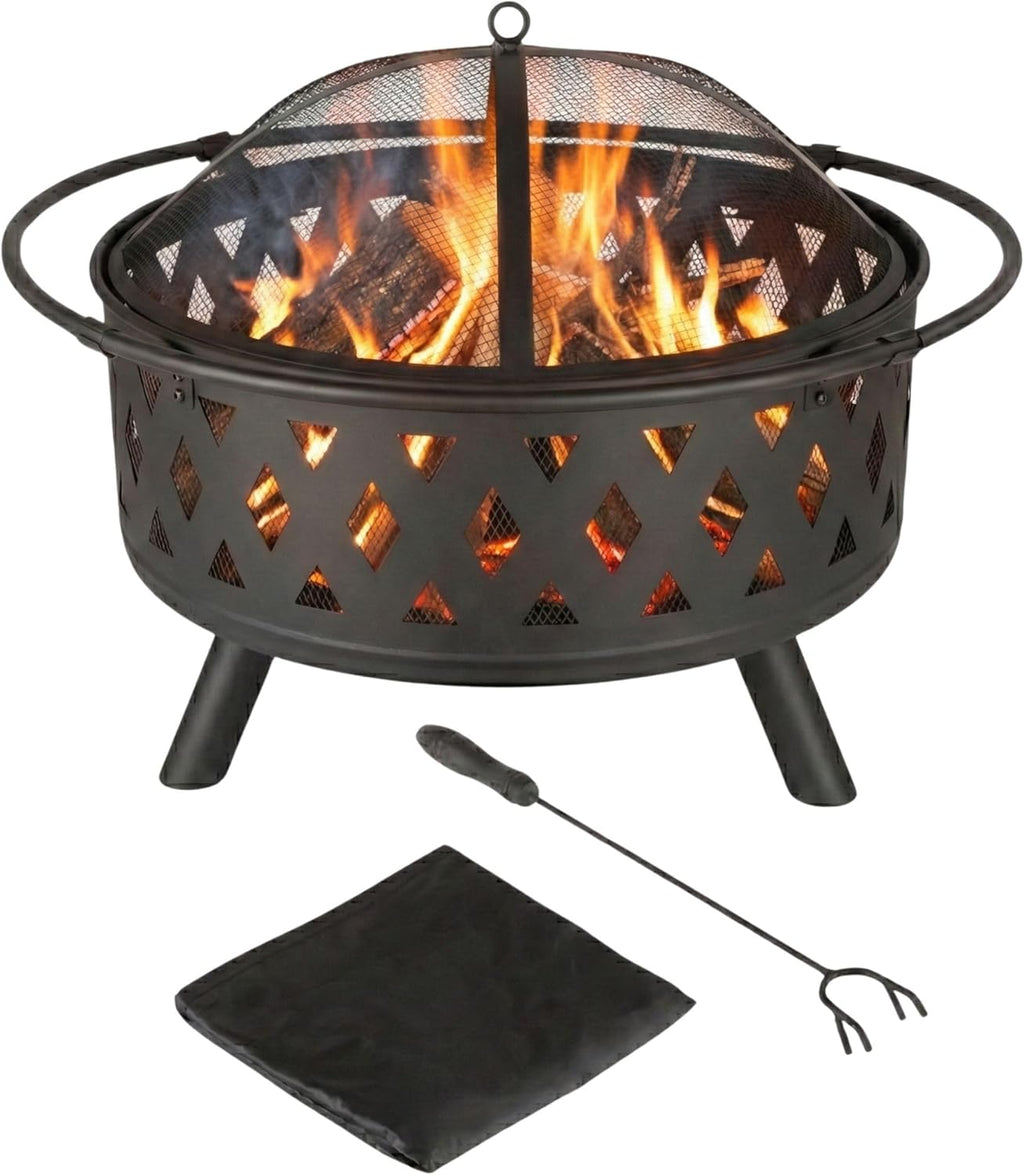 Fire Pit - 32-Inch Outdoor Wood Burning Firepit with Screen, Poker, and Cover - Outdoor Fire Pits for Backyard, Deck, or Patio by Pure Garden (Black)