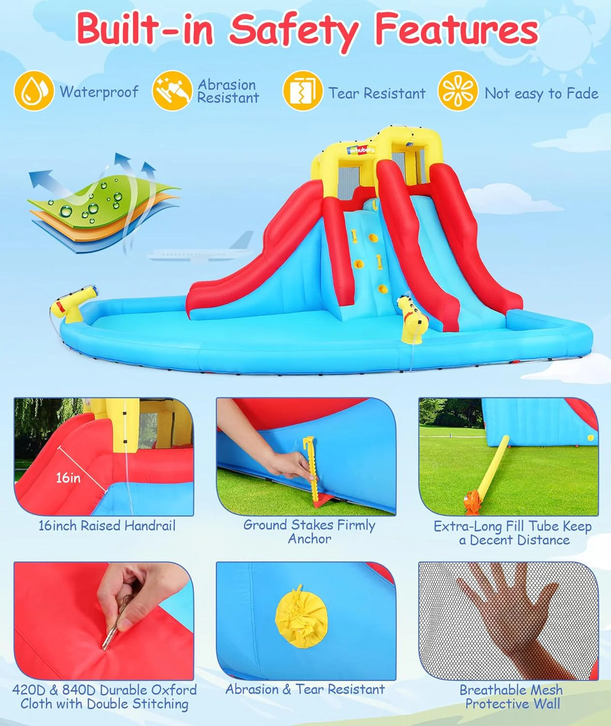 Inflatable Water Slides for Kids 8-in-1 Bounce House Water Park with 450W Blower Climbing Wall, Splash Pool, 2 Water Cannons, Basketball Hoop, Water Slide, Crocodile Sprinkler for Gift Backyard Party