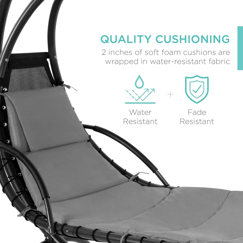Best Choice Products Outdoor Hanging Curved Steel Chaise Lounge Chair Swing w/Built-in Pillow and Removable Canopy - Charcoal Gray
