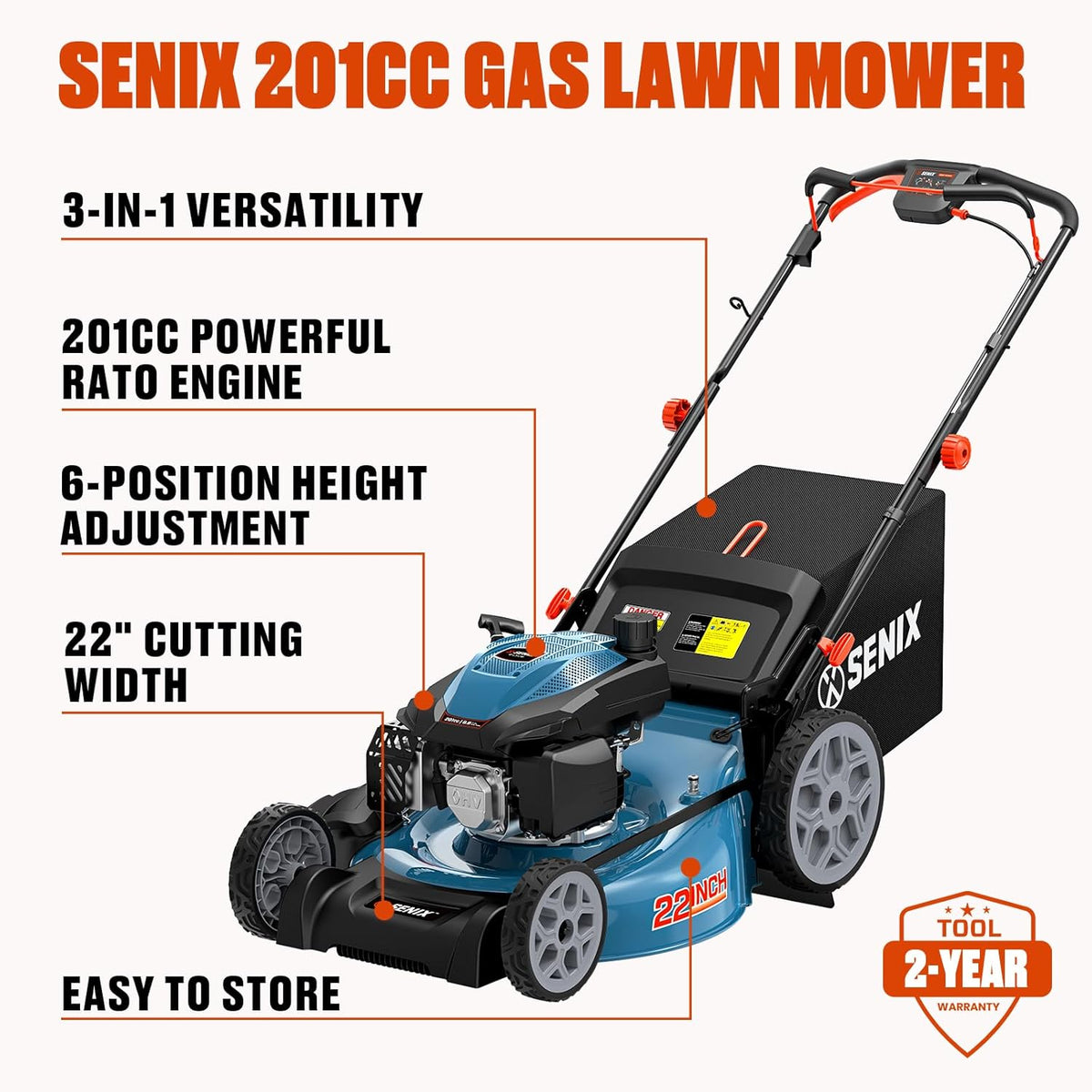 SENIX 201cc 22" 3-in-1 Gas Lawn Mower  Variable Speed Rear Wheel Self-Propelled Mower  Mulching  Bagging  Discharging  Foldable  6 Cutting Height Adjustable  for Garden Yard