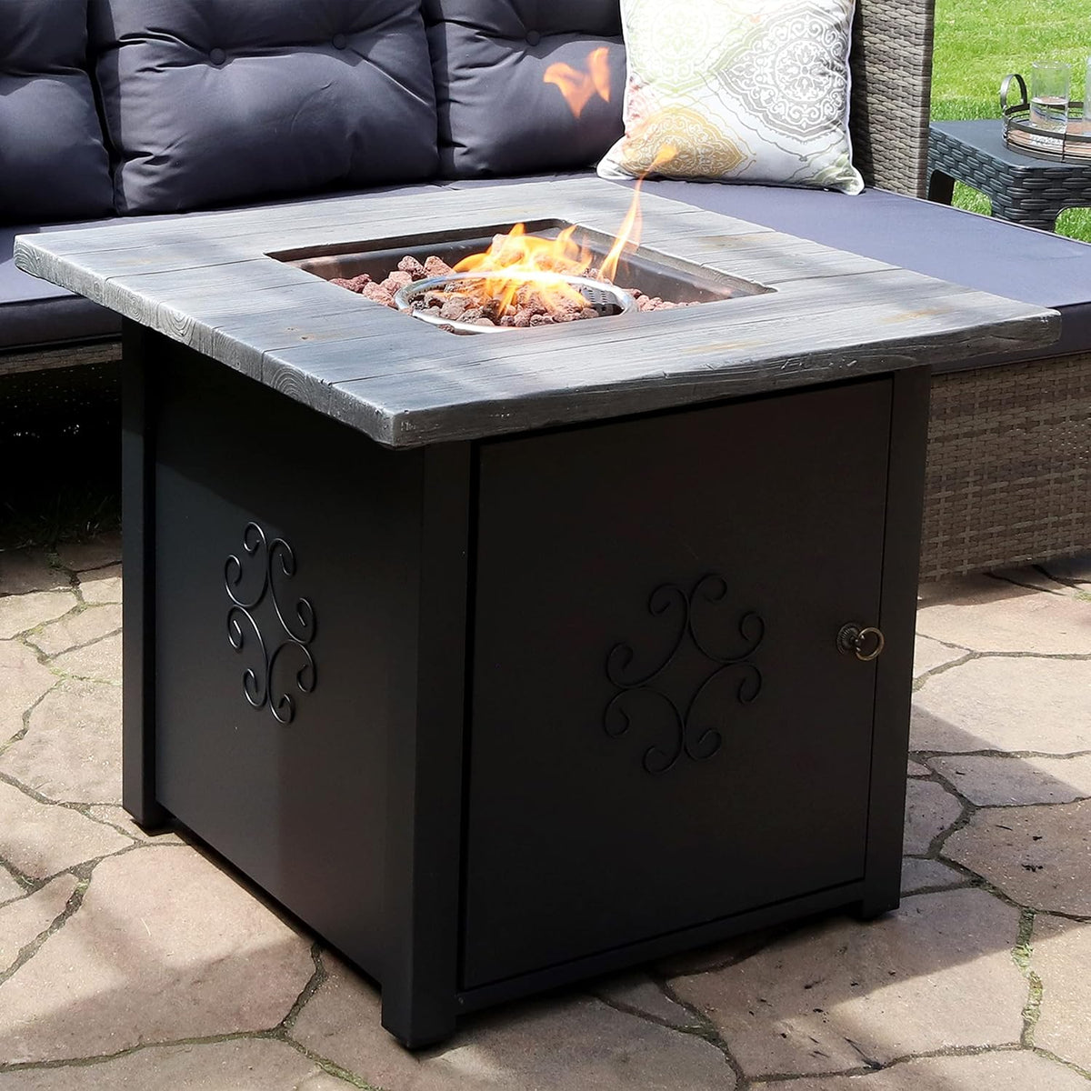Sunnydaze 30-Inch Square Propane Fire Pit Table - 40,000 BTU Outdoor Gas Fire Pit Table with Lava Rocks and Weather-Resistant Cover