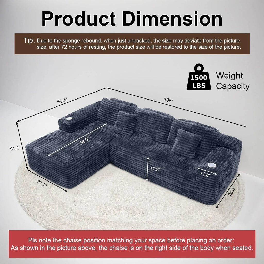 Cloud Sectional Couch with L-Shape Chaise Modern Modular Sofa Deep Seat Built-in Cup Holder