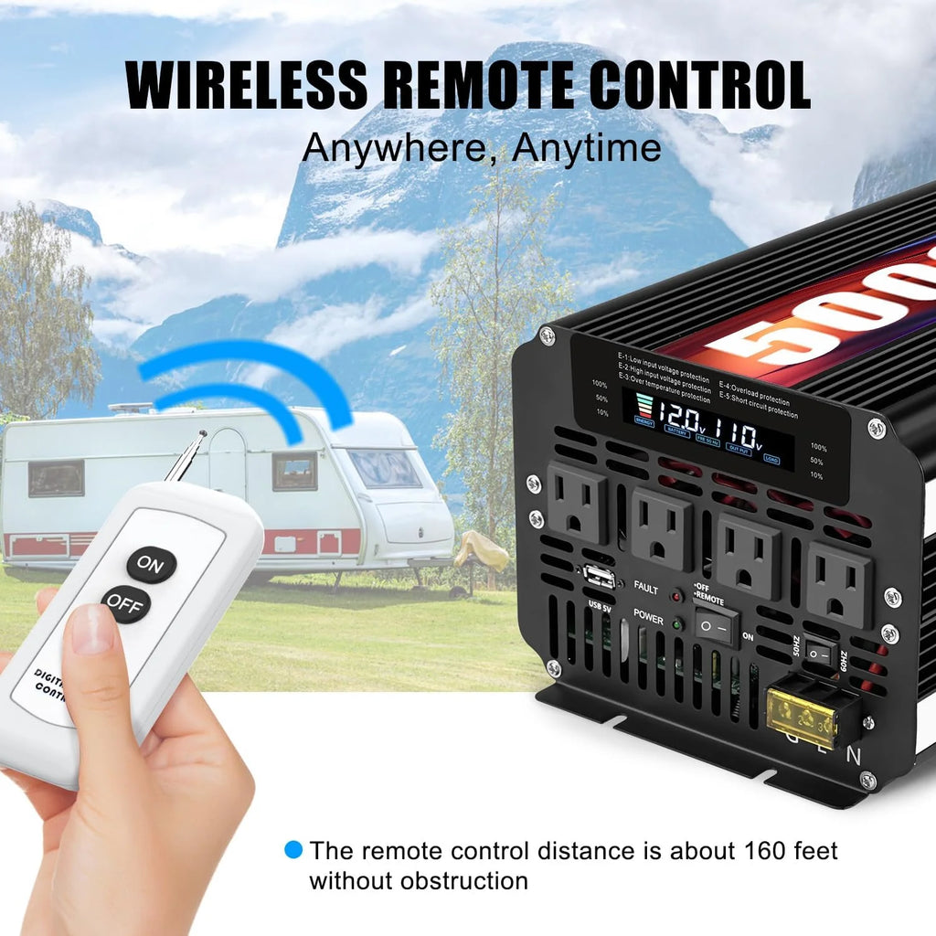 5000 Watt Power Inverter 12V to 110V 120V for Vehicle, Solar Inverter System, Heavy Duty, RV, Truck, Off Grid,Camping with 4 AC Outlets, LCD Display, Wireless Remote Control, Car Power Inverter