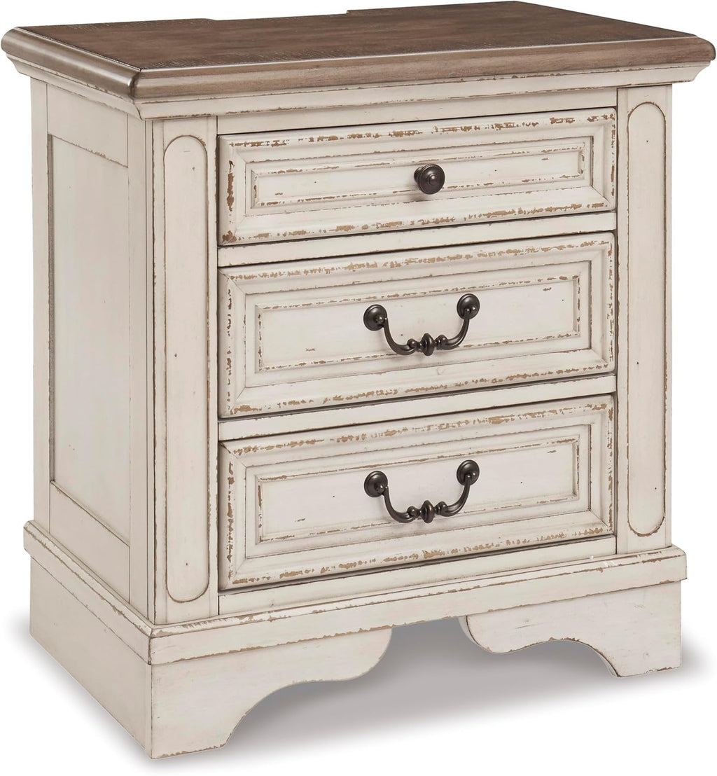 Signature Design by Ashley Realyn French Country 3 Drawer Nightstand with Electrical Outlets & USB Ports, 27.75" Tall, Chipped White