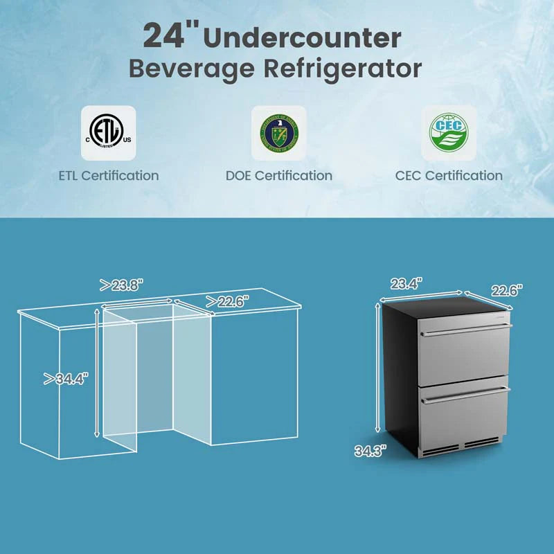 24" 4.9 Cu.Ft Dual Drawer Beverage Refrigerator, Built-in/Freestanding Undercounter Beverage Cooler with 37�H-64�H Temp Range for Home Commercial Use