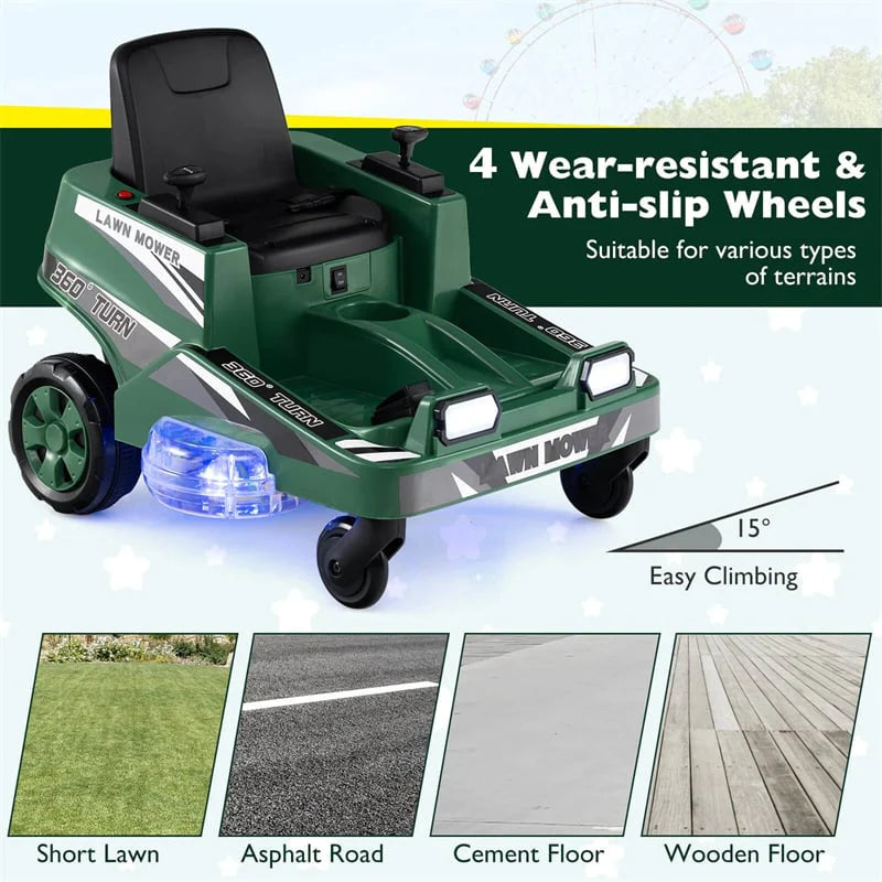 12V Kids Ride-On Lawn Mower with 360�� Twist & Turn, Dual Control Sticks, LED Lights, Toddler Electric Car Toy for Boys & Girls Aged 3-8