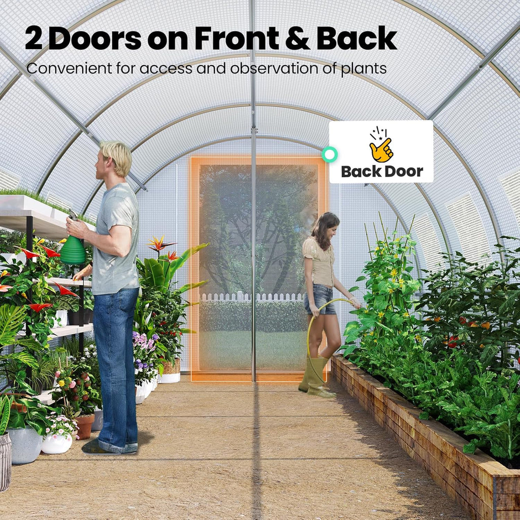 KING BIRD Premium 20x10x6.6FT Greenhouse for Outdoors  Large Walk-in Upgraded Galvanized Metal Frame  Mesh Door Screen Window Improved Zipper Tunnel Hoop for Garden Plant Winter  2 Stiffeners  White