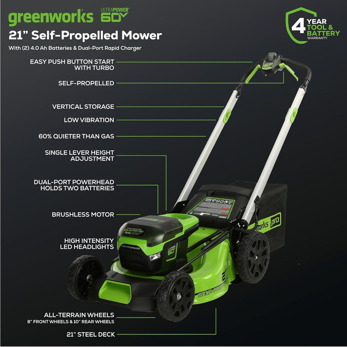 Greenworks 60V 21” Cordless (Self-Propelled) Lawn Mower , 2 x 4.0Ah Batteries and Dual Port Rapid Charger